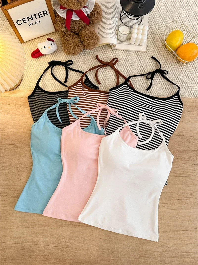 Koreanischer Stil Mehrfarbiges Crop-Top mit Bindeband und integriertem BH-Pad – Sexy, eng anliegendes Tanktop für Damen – Detail 6