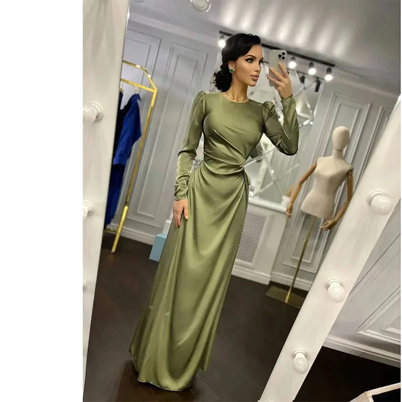 

Elegant Straight Satin Prom Dress 2024 Long Sleeve Ankle-Length Evening Dress Simple Zipper Back Formal Occasion Dress