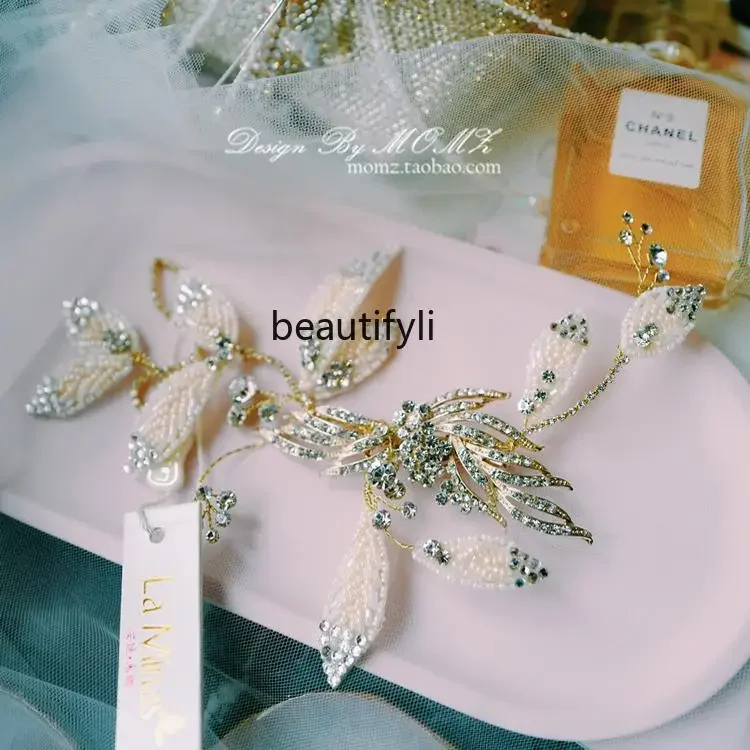 Diamond edge clip Japanese and Korean bridal headgear wedding dress pearl element hairpin champagne gold hair accessories