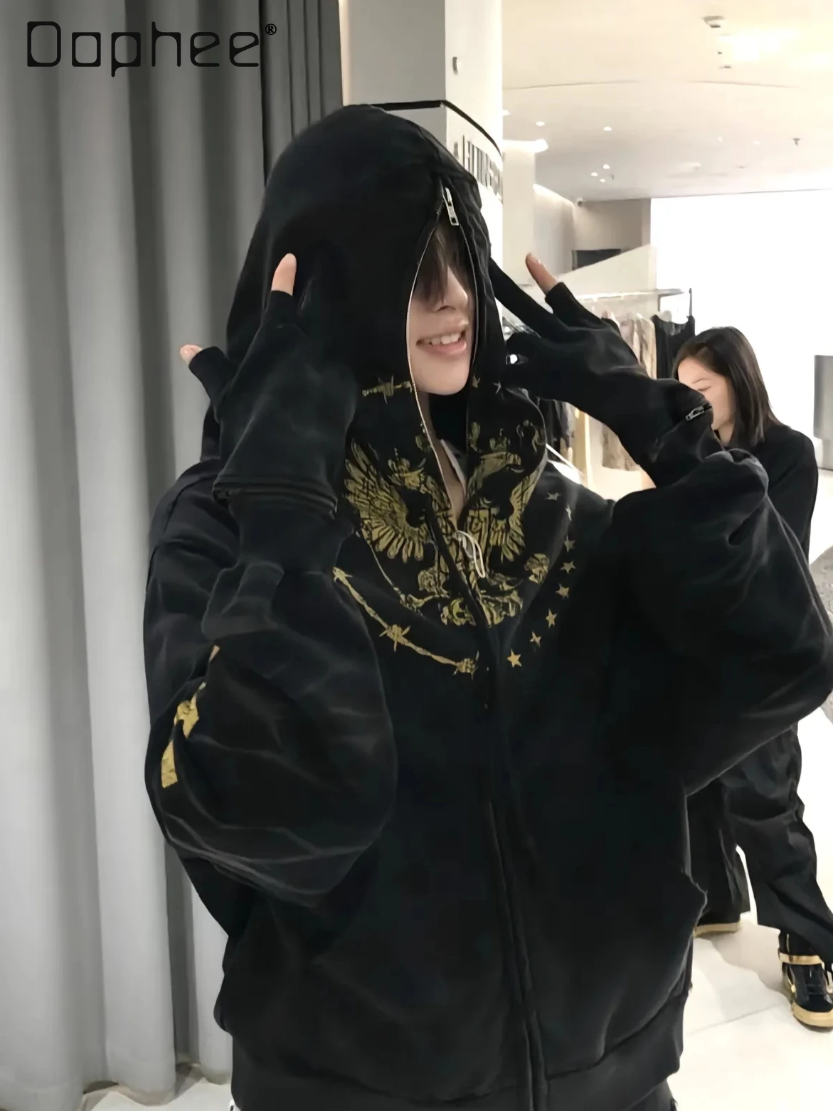 

American Retro Street Personalized Printed Hoodie Patchwork Long Sleeve Loose Casual Fashion Short Hoodies Punk Zip Up Hoodie