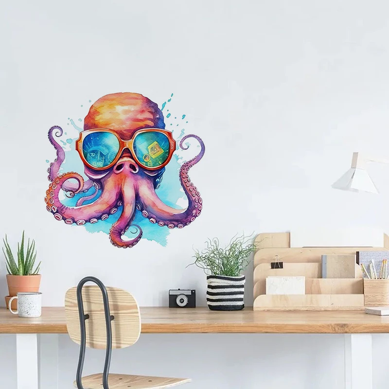 T769#Watercolor Octopus Wall Sticker Kids Room Background Home Decoration Mural Living Room Wallpaper Funny Decal