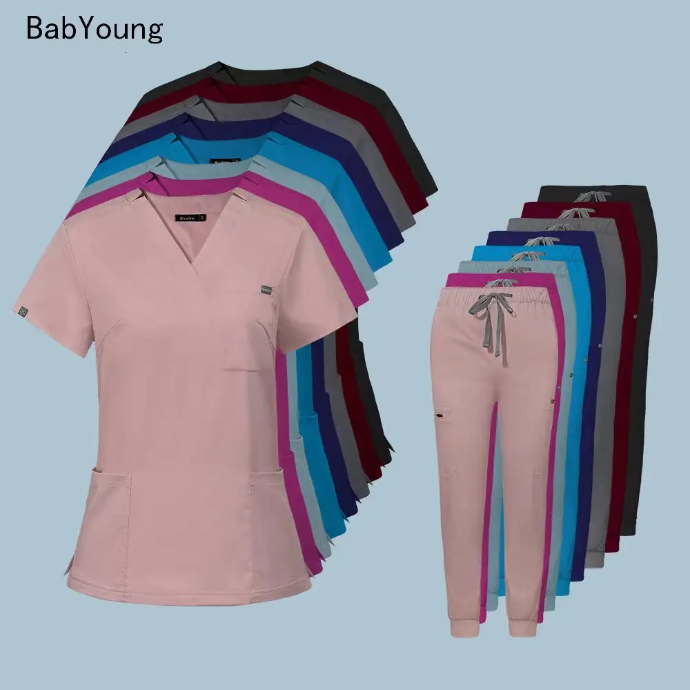 For Summer Nurse Women Fashion Uniforms Cool Fabric Short Sleeve Medical Scrubs Clothes Nursing Elastic Pants