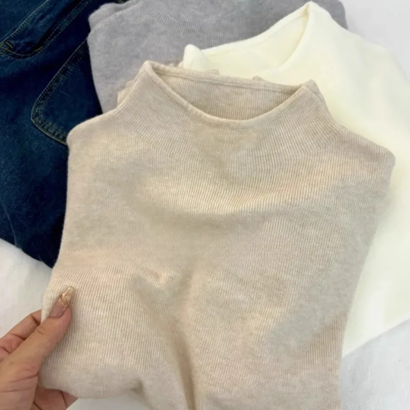 

Мягкая кашемировая маленькая футболка с воротником-стойкой и длинными рукавами для женщин, осенне-зимняя новая корейская теплая рубашка с внутренней нижней частью, топ