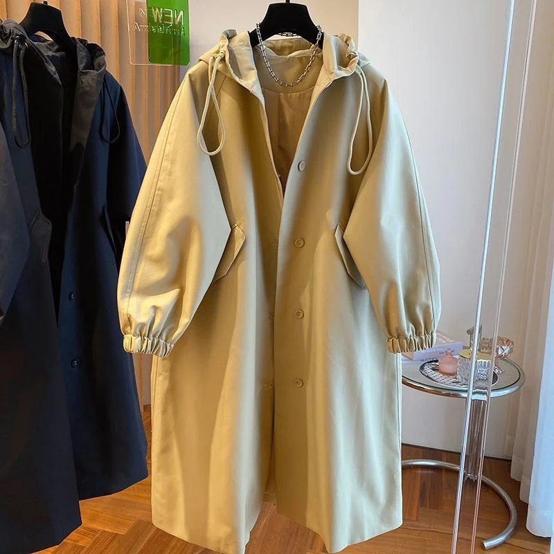

2025 Korean Vintage Long Trench Coat Casual Windbreak Jacket Women Hood Drawstring Jacket Oversized Windbreaker Jaquetas