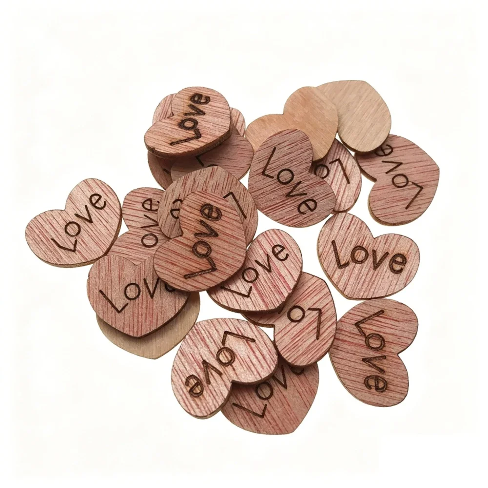 500PCS Retro Heart Love Wood Chips Wooden Buttons Patches DIY Handmade Accessories Party Ornaments Table Scatter Decoration