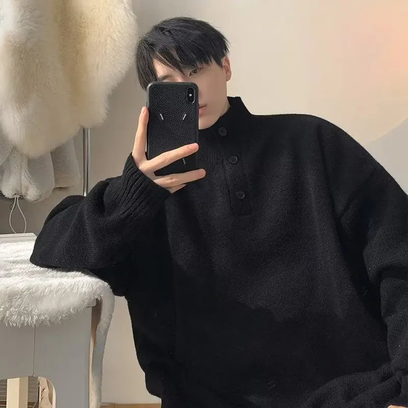 

Loose Men's Knitted Sweater Half High Collar Lazy Style Design Large Size 250 Pounds Autumn Winter Street Fashion Top