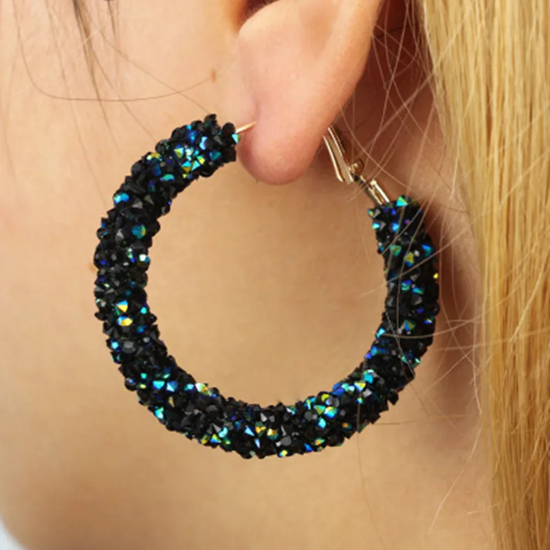 New Design Fashion Charm Crystal Hoop Earrings Geometric Round Shiny Rhinestone Big Earring Jewelry Women Ladies Earrings Metal