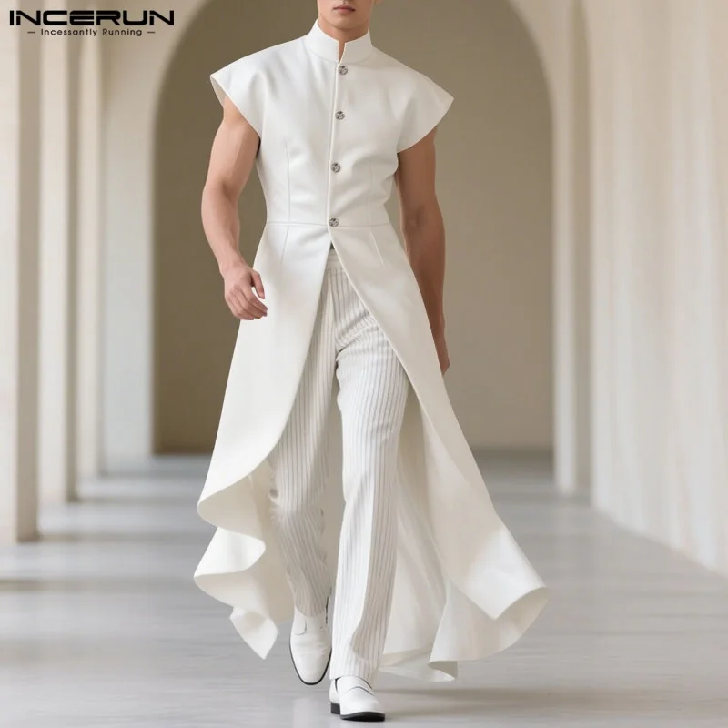INCERUN Men Long Style Vests Solid Stand Collar Sleeveless Button Male Waistcoats Ruffle Streetwear Fashion Irregular Vests Men