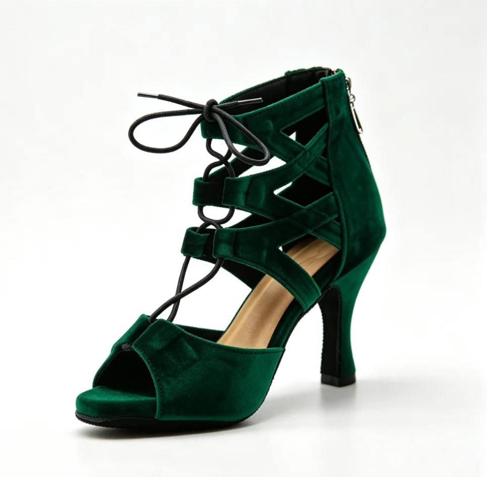 Evk Women Dark Green Velvet Latin Dance Shoes High‑Top Peep Toe Lace‑Up Back Zipper High Heel Salsa Tango Ballroom Performance D
