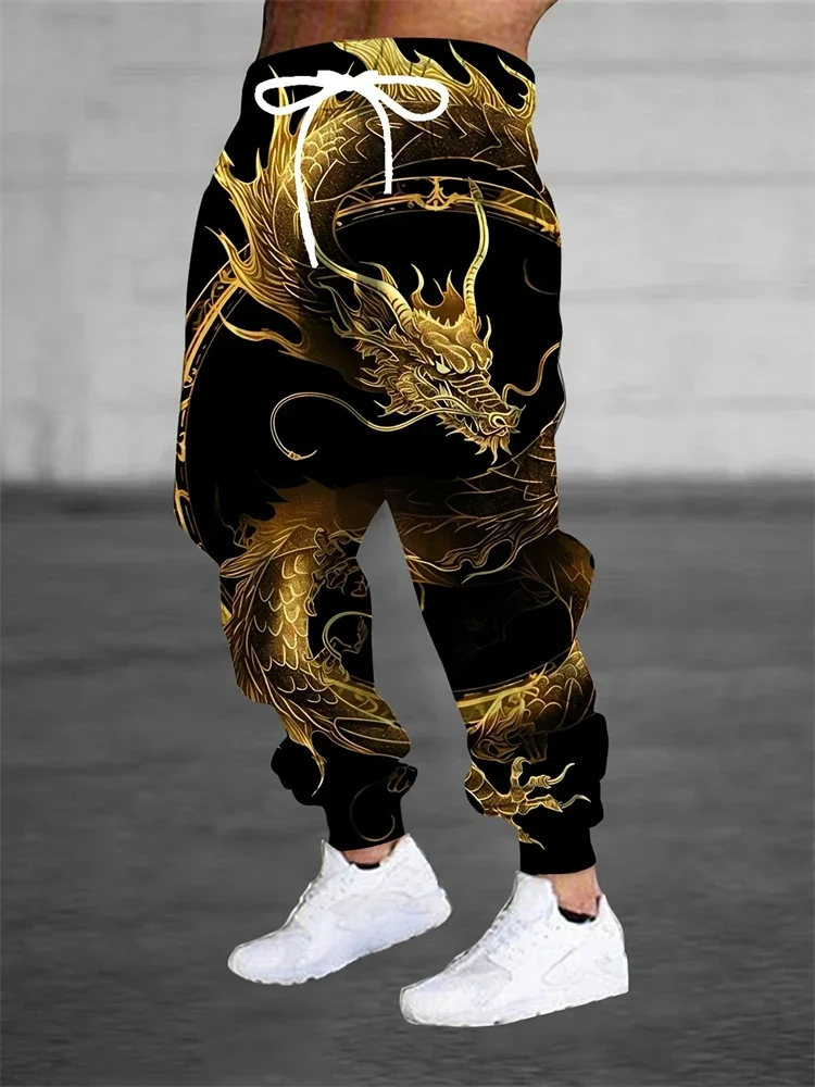 Herren-Jogginghose im 3D-Chinesischen Stil mit Doppel-Drachen-Print, lässige Trainingshose mit Kordelzug in der Taille, tailliert, Streetwear-Sporthose – Detail 3