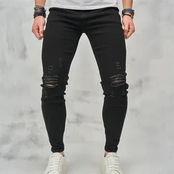 Men High Street Ripped Hip Hop Stylish Skinny Jeans Male Trousers High Quality Holes Casual Cotton Pencil Denim Pants
