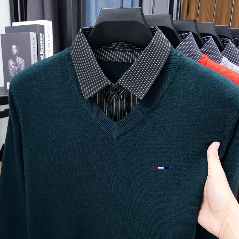Hochwertiger Herren Falscher Zweiteiler Langarm-Strickpullover Gestreift mit Stickerei Herbst Winter Neuer Pullover Lässige Vielseitige Herrenbekleidung – Detail 19