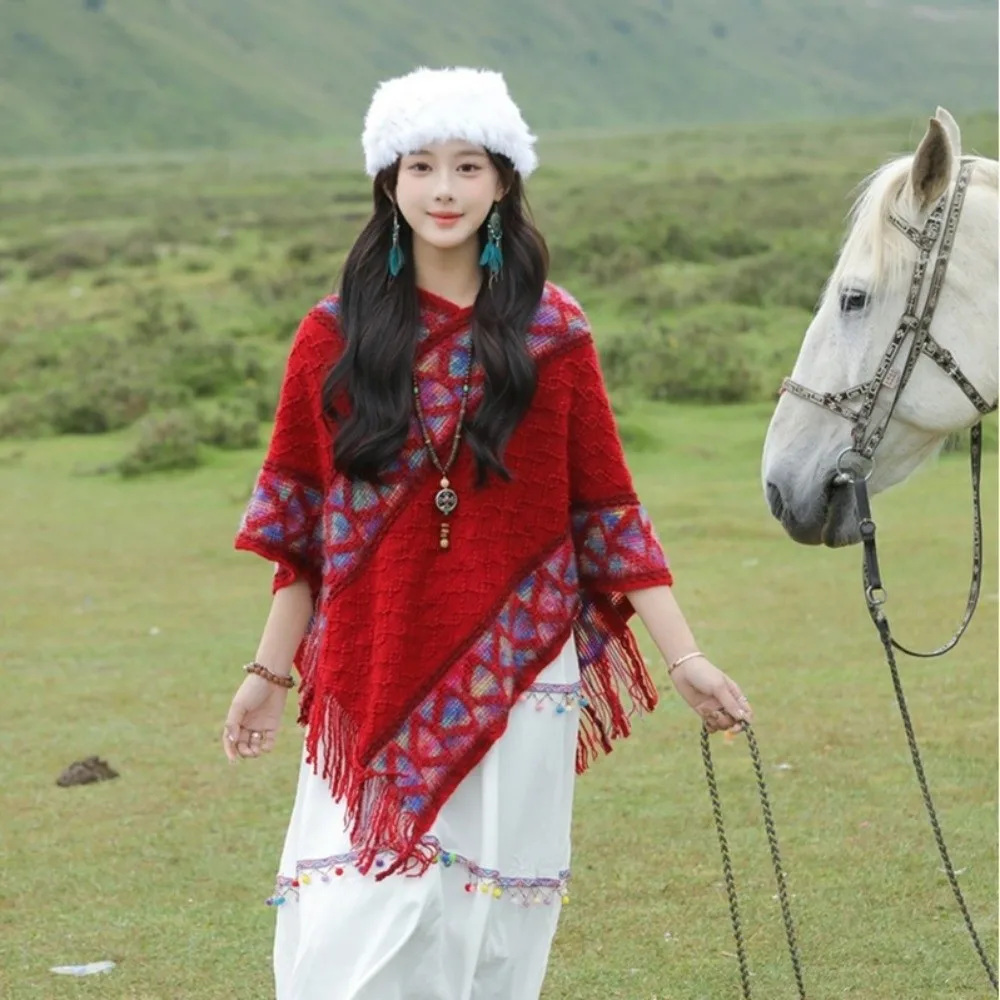 

Versatile Ethnic Style Knitted Pullover Shawl Winter Warm Elegant Mongolian Poncho Coat Overlays For Women