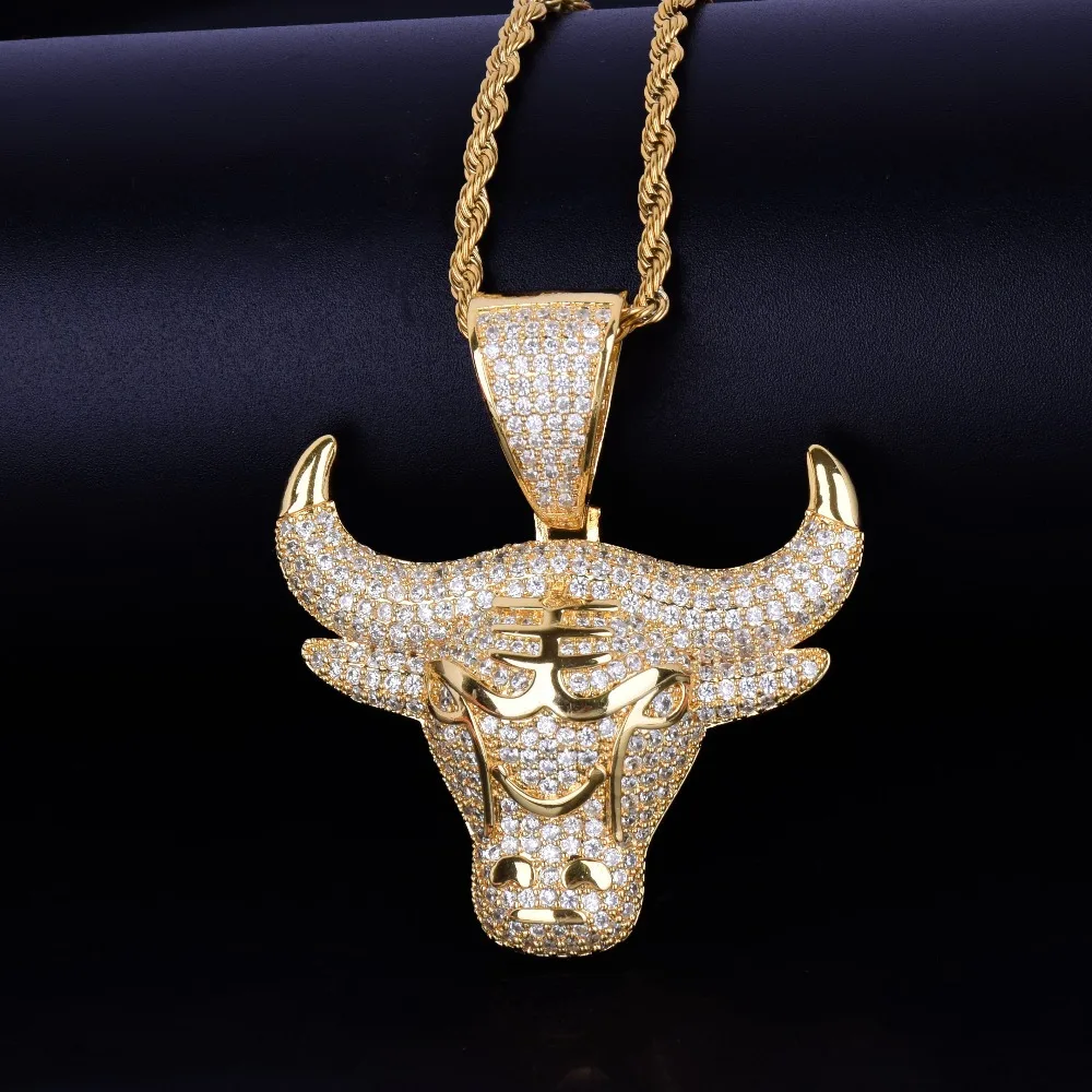 Hip Hop Micro Paved AAA+ Cubic Zirconia Iced Out Bling Bull Head Pendants Necklace for Men Rapper Jewelry Gold Silver Color