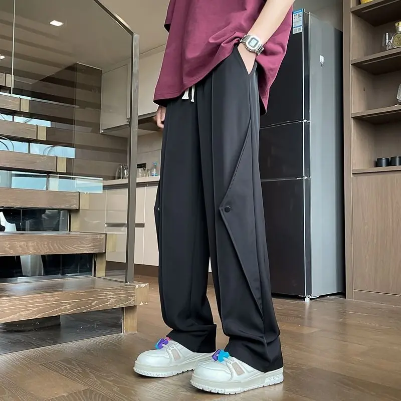 Men Fashion Drawstring Casual Pants Summer Thin  Korean Loose Ice Silk Straight Pants Suit Trousers Y2k New Streetwear M-2XL