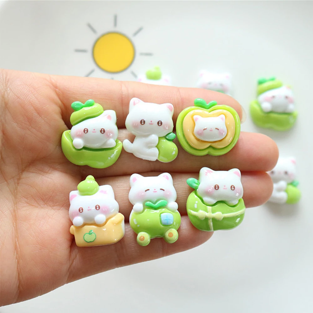 10PCS Shiny Green Apple Cat Series Resin Flatback Cabochons For Hairpin Scrapbooking DIY Jewelry Craft Decoration Accessories