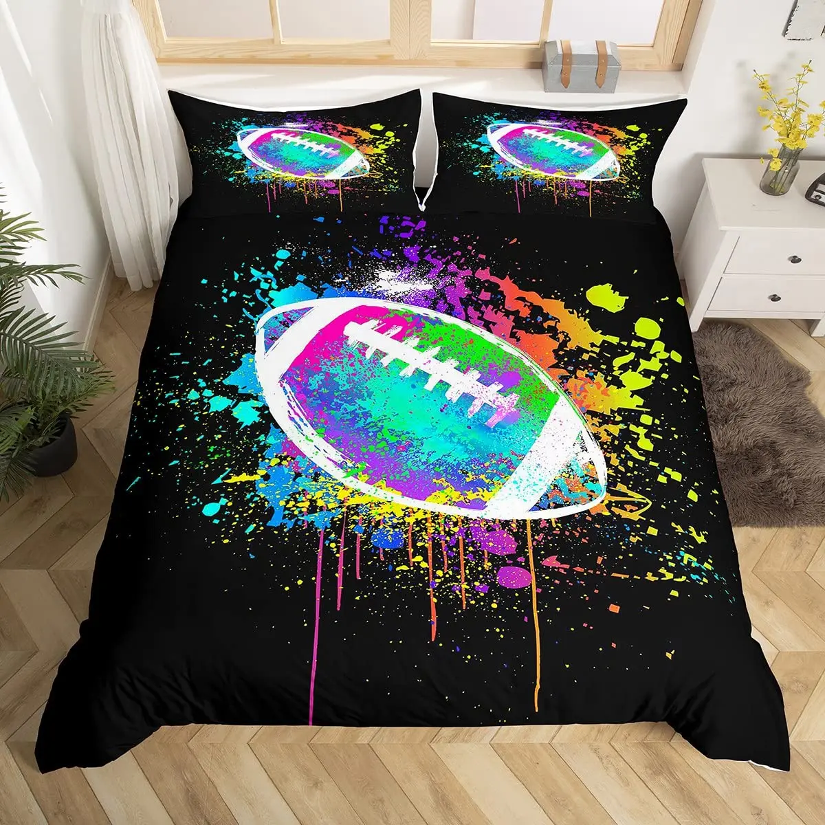 Boys Rugby Sports Duvet Cover Queen Football Bedding Set Ball Sport Comforter Cover Black Tie Dye Quilt Cover with 2 Pillowcases