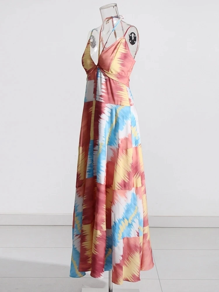 CHICEVER Hit Color estampado vestidos de mujer Halter sin mangas de cintura alta sin espalda empalmado encaje hasta vestido de fiesta Sexy moda femenina