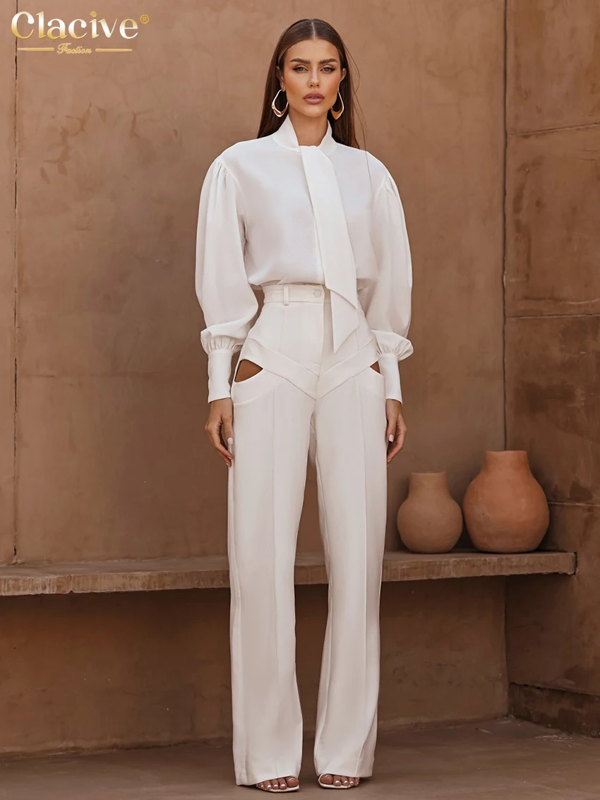 Clacive Casual Loose White Women's Shirt 2025 Fashion Bow Collar Long Sleeve Shirts Elegant Classic Solid Top Female Clothing