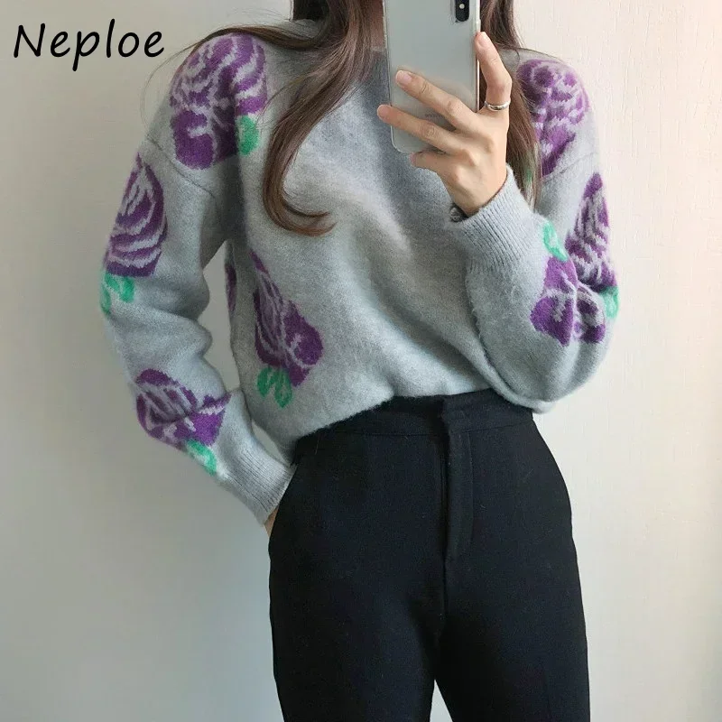 Neploe Autumn O Neck Contrast Color Flower Long Sleeve Pull Femme Jersey Mujer Jumpers Vintage Knitted Pullover Sweater Y2k