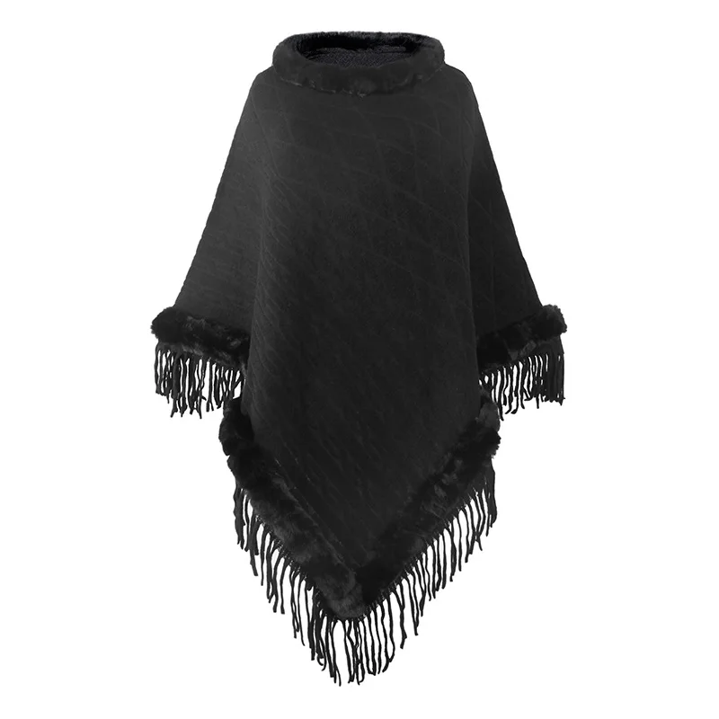 5 Colors Faux Fur Poncho Cloak Tassel Big Pendulum Cape Triangle Striped Jacquard Winter Thick Loose Outstreet Pullover Coat