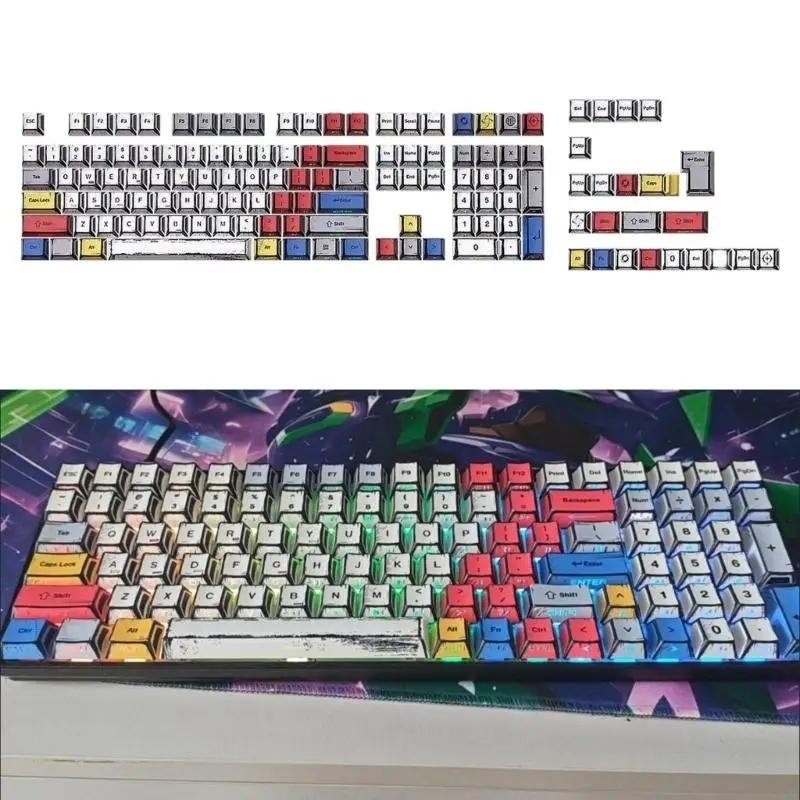 Q6PA PBT Keyboard Keycap Set 131Keys Original Height Side Printed Through Keycaps for Crossed Stem Mechanical Keyboard