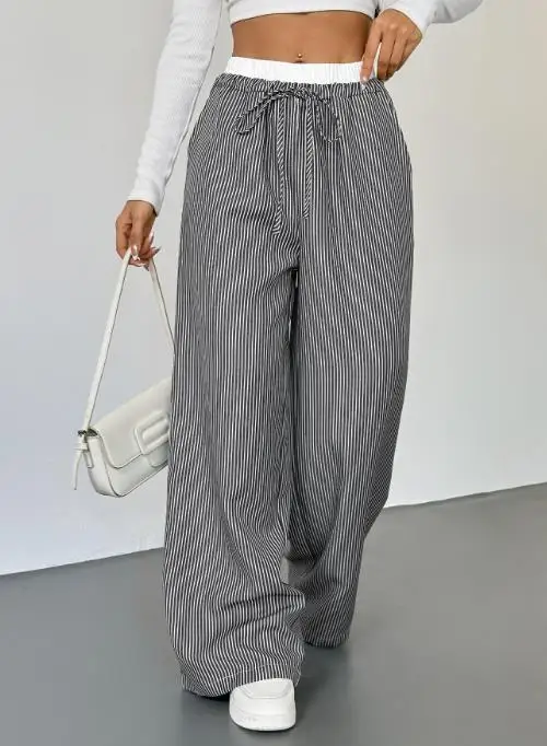 

Autumn Contrast Splicing Striped Casual Pants for Women's Daily Versatile Straight Leg Pants, High Waisted Lace Up Casual Pants