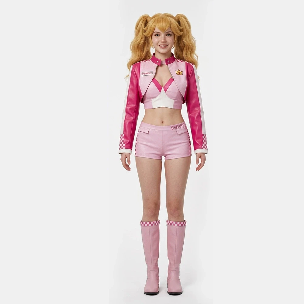 Game Princess Peach Cosplay Costume Women Pink Leather Racing Suit Sexy Top Shorts Outfits Anime Uniform Carnival Clothes view 2