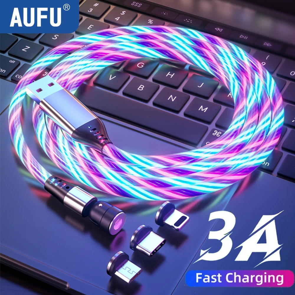 AUFU 플로우 발광 마그네틱 USB 케이블, 고속 충전 마이크로 USB C 타입 케이블, 아이폰 샤오미 자석 충전기 USB 와이어 LED 케이블, 3A