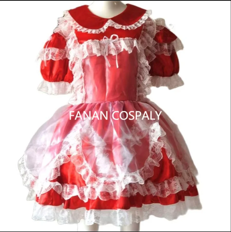 

Adult Giant Baby Sexy Girl Red Thin White Yarn Lace Edge Satin Face Sissy Short Sleeve Dress Customized by Japanese Maid