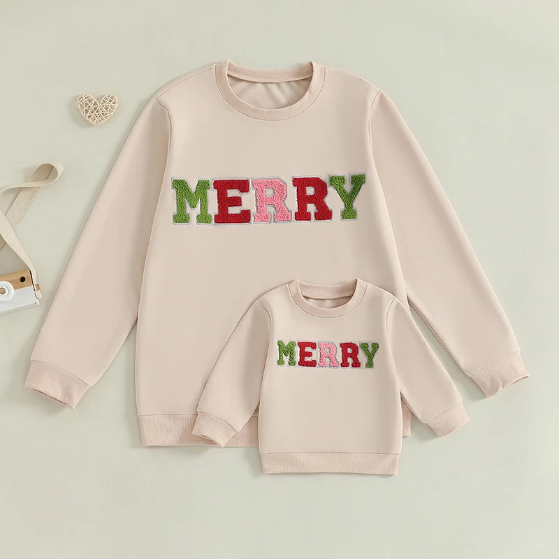 Mommy and Me Matching Sweatshirts Letter Embroidery Crew Neck Long Sleeve Pullover Family Christmas Matching Outfits Tops