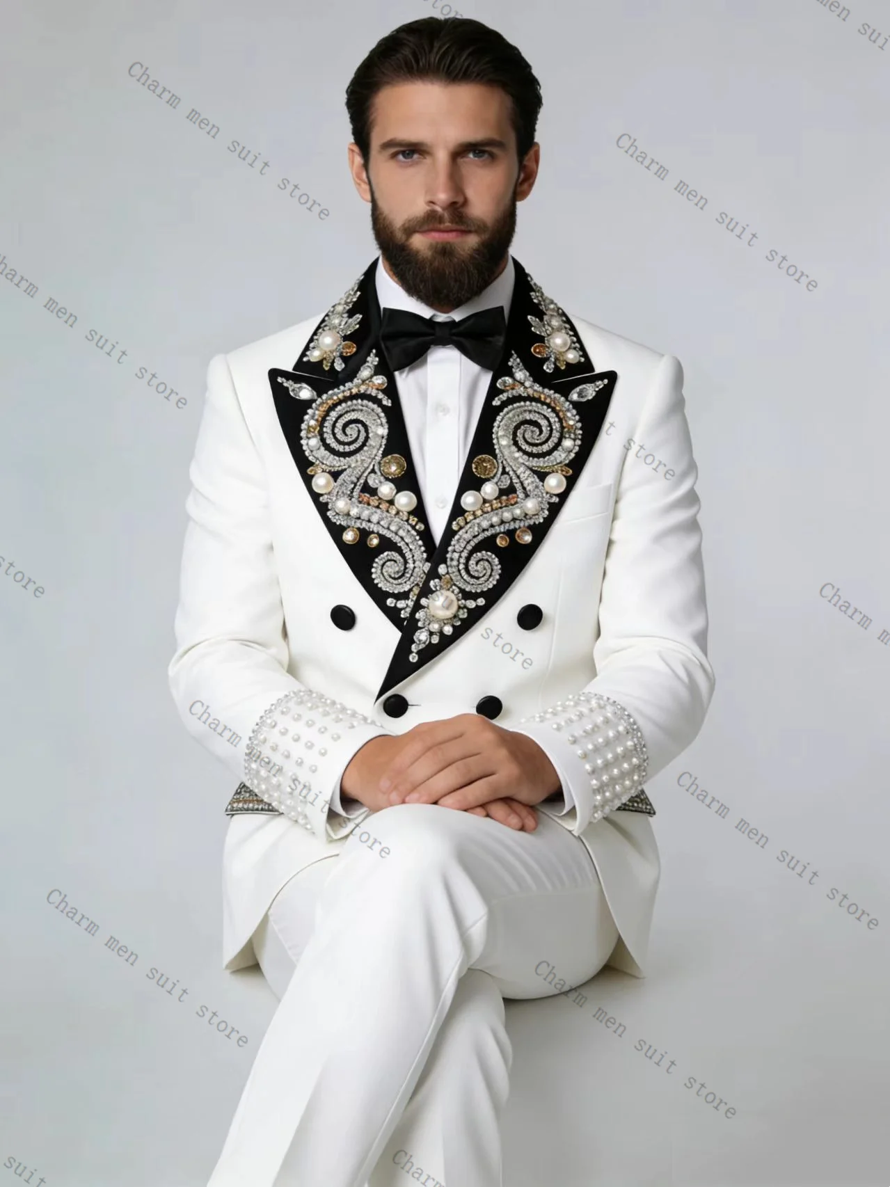 

White Men Suits Set 3 Pcs Crystals Blazer+Vest+Pants Trousers Luxury Wedding Tuxedo Formal Office Business Groom Jacket Coat