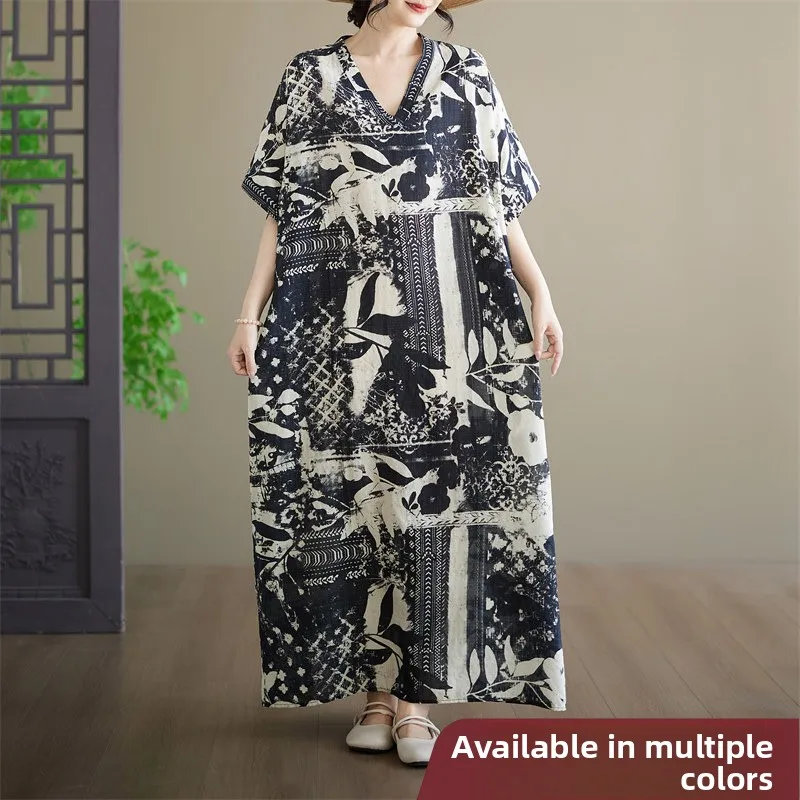 

Loose Cotton Linen Beach Skirt Long V-Neck Women's Robe Artistic Style Summer Dress Thin Material Button out Design City Walk