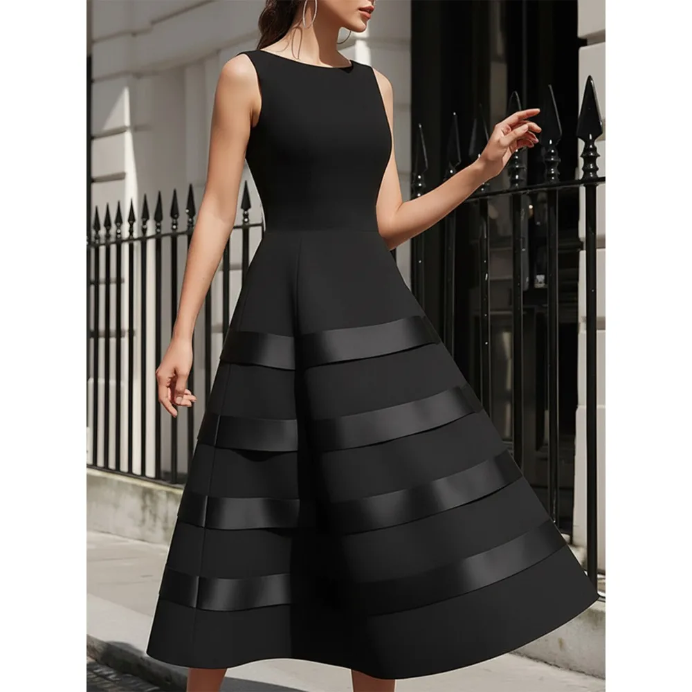

Round Neck Sleeveless Panel Midi Dress for Women | Elegant Style for Office Work and Casual Social Gathering