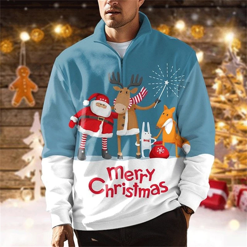 

Santa Claus Print Half Zip Long Sleeve Sweatshirts Autumn Casual Loose Hoodies Fashion Stand Collar Tops Tee X'mas Men's Clothes
