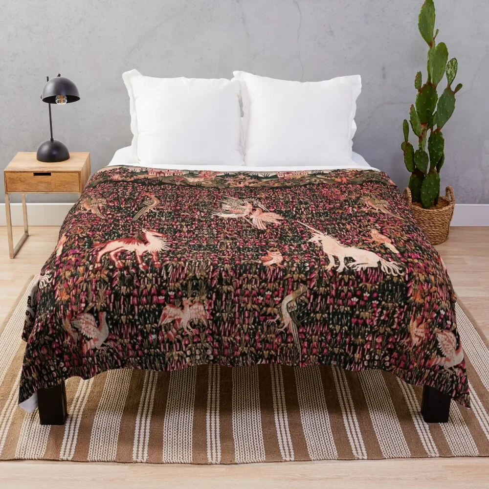 

UNICORN AND MEDIEVAL BESTIARY Forest Animals,Millefleurs Red Pink Green Floral Tapestry Throw Blanket Beautifuls Furrys Blankets