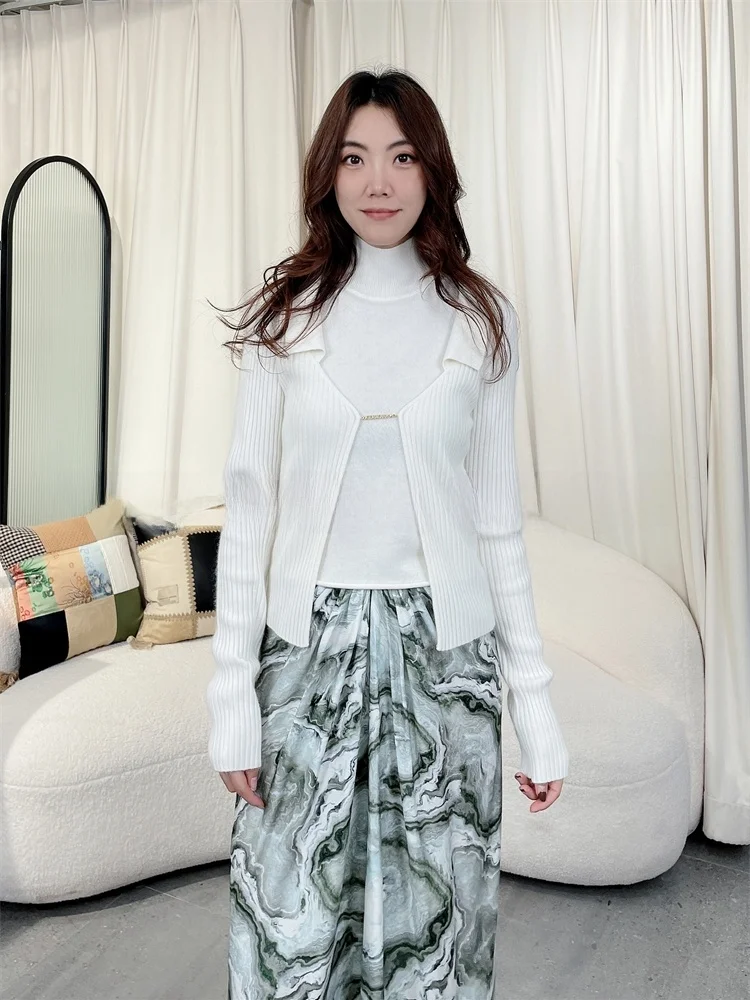 

VIKTORIACHAN Металлический логотип Bule ort Sve Длинный вязаный кардиган с верхним воротником, обычная длина све, осенняя мода, облегающий крой