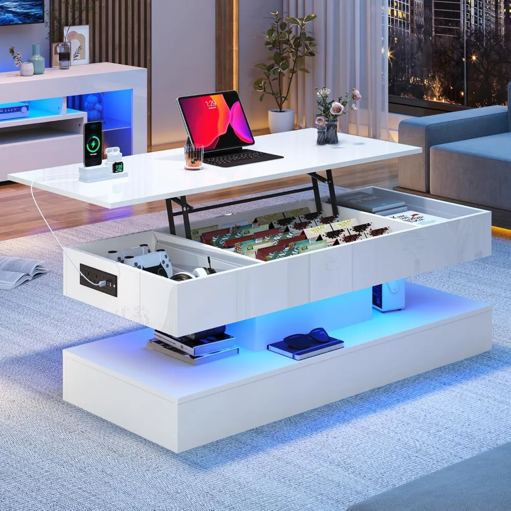 Coffee Table, 47”, LED Lights W/Storage, Large Space Storage, Fits Living Room, Bedroom, Elevated Coffee Table