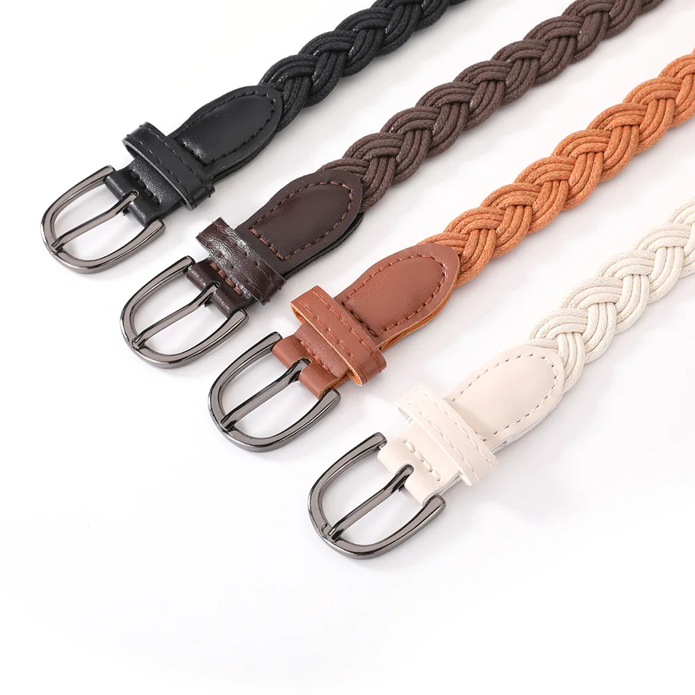 Hemp Rope Braided Thin Waist Belt with Waist Chain Decoration, Simple Black Buckle, Wax Rope Knot Small Leather Belt for Women