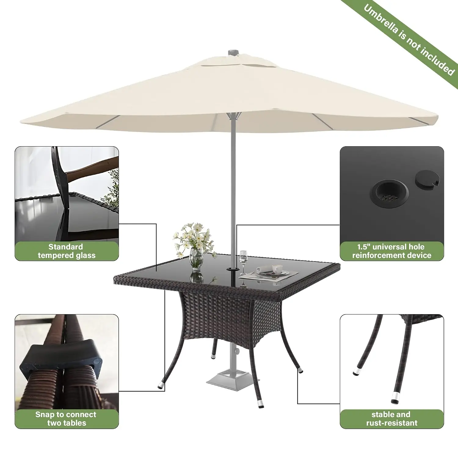 5-Piece Wicker Patio Dining Set w/ Glass Table Removable Cushions Umbrella Hole for Backyard Garden Pool, Customized