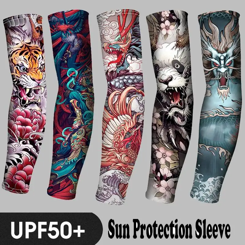 

1PCS 2024 New Men Long Fake Warmers Summer Tattoo Sleeves Sun Protection Cover Outdoor Gloves Driving Ice Silk Arm Sleeves Women