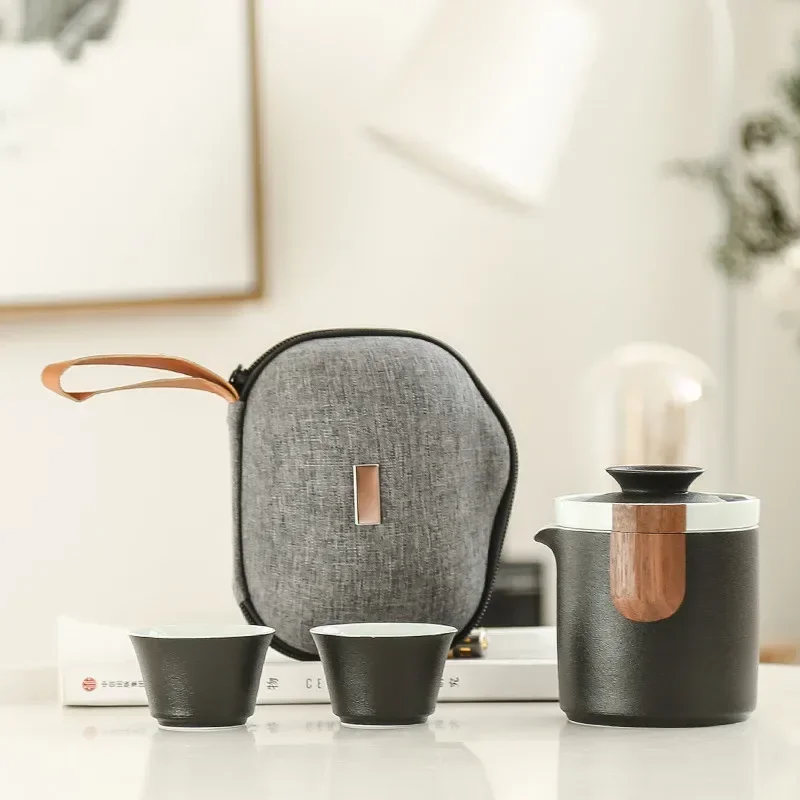 

Дорожный чайный сервиз для путешествий на открытом воздухе, керамический чайник для кунг-фу, керамический чайный сервиз, один горшок и два чашки, набор чайных посуды в китайском стиле