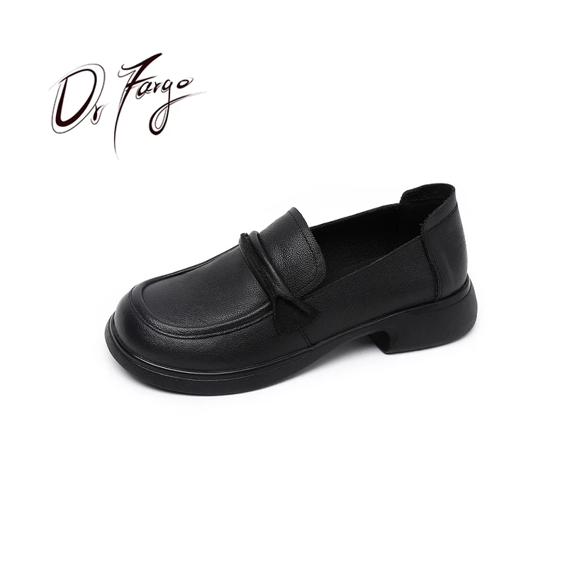 

DRFARGO Genuine Leather Women Loafers Slip-on Soft Work Lady Shoes Square Toe Spring Winter High Vamp Comfortable Black