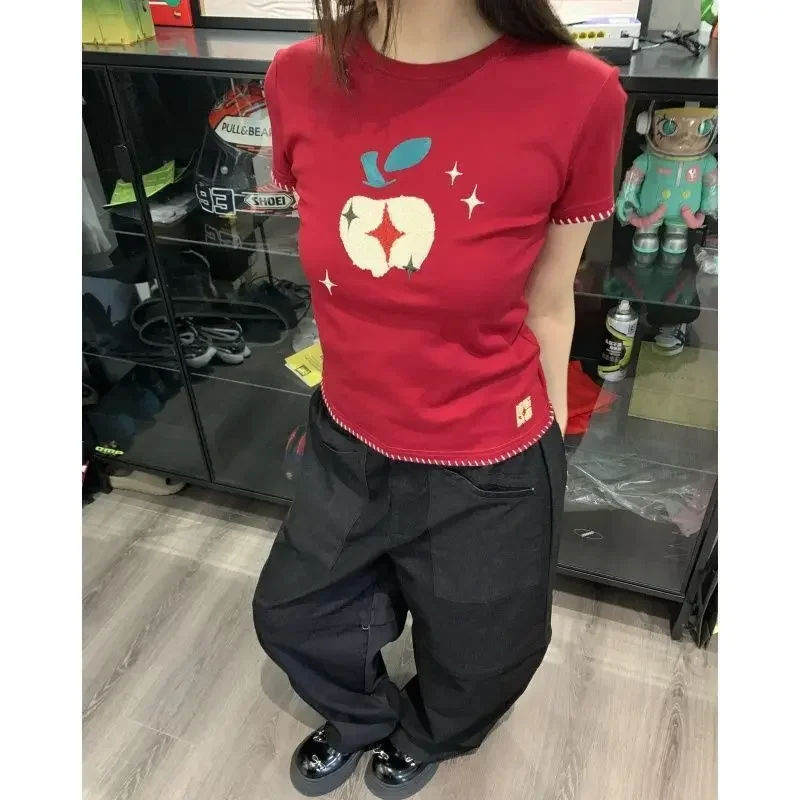 Ropa Apple, Sudadera con Cuello Redondo, Camiseta de Manga Corta, Ropa de Mujer, Verano, Ajustada, Versátil, Top Corto con Hombros Descubiertos