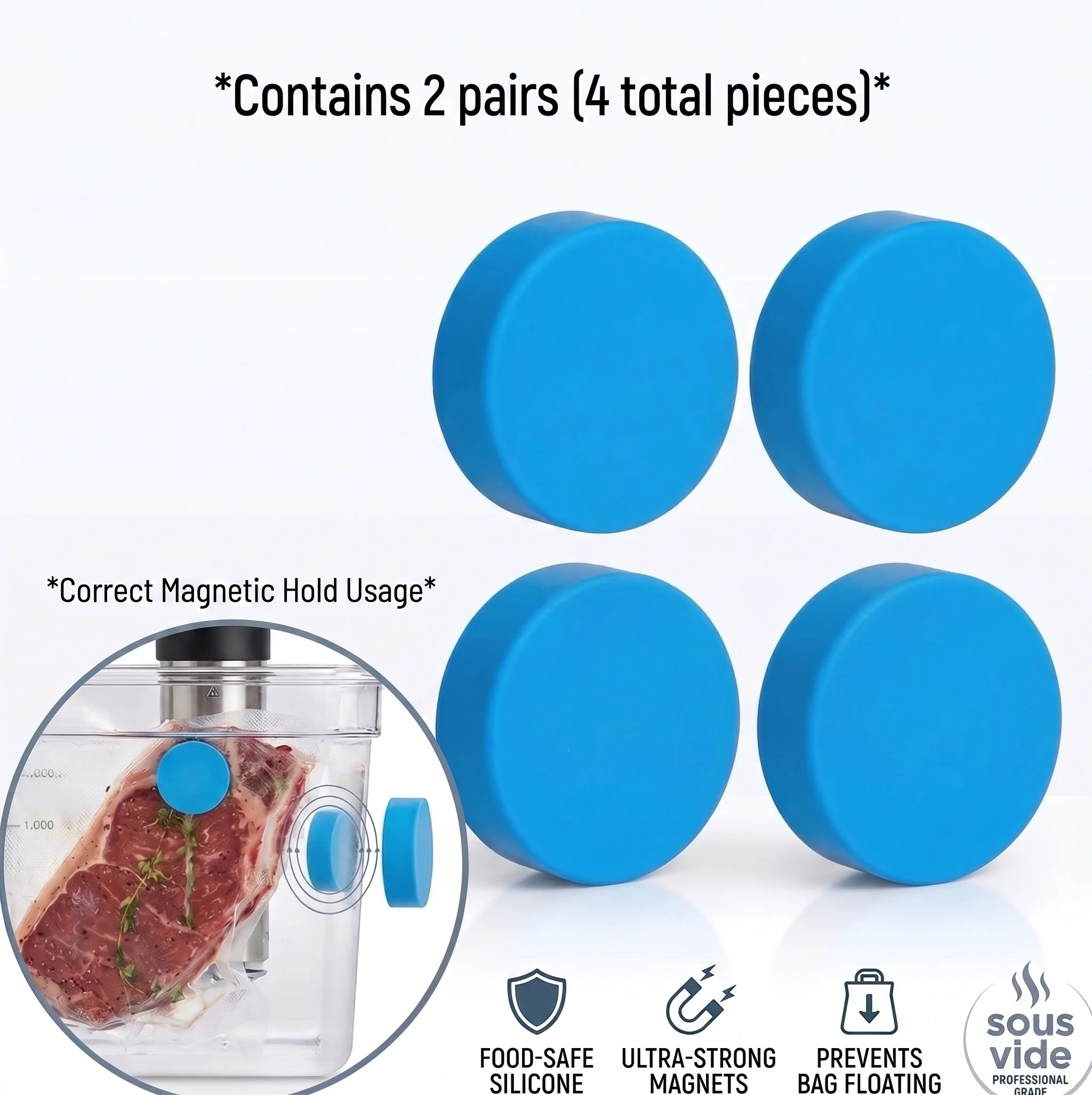 4 Pack Blue Sous Vide Magnets Food Grade Silicone Keeps Cooking Bags Fully Submerged Prevents Floating Water Bath Weighted Tools
