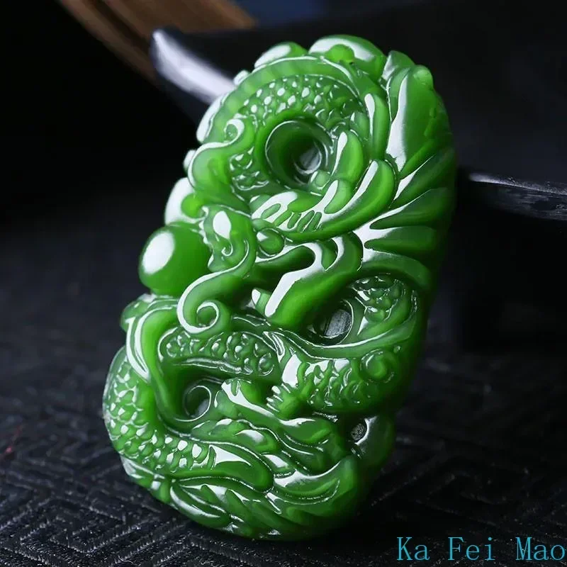 Natural Green Jade Dragon Pendant Necklace Jewellery Fashion Accessories Hand-Carved Man Luck Amulet Gifts Woman Sweater Chain