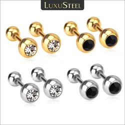 LUXUSTEEL White Black Crystal Earrings For Women Men Golden Color Stainless Steel Round CZ Studs Anti-allergy Screw Back Aretes