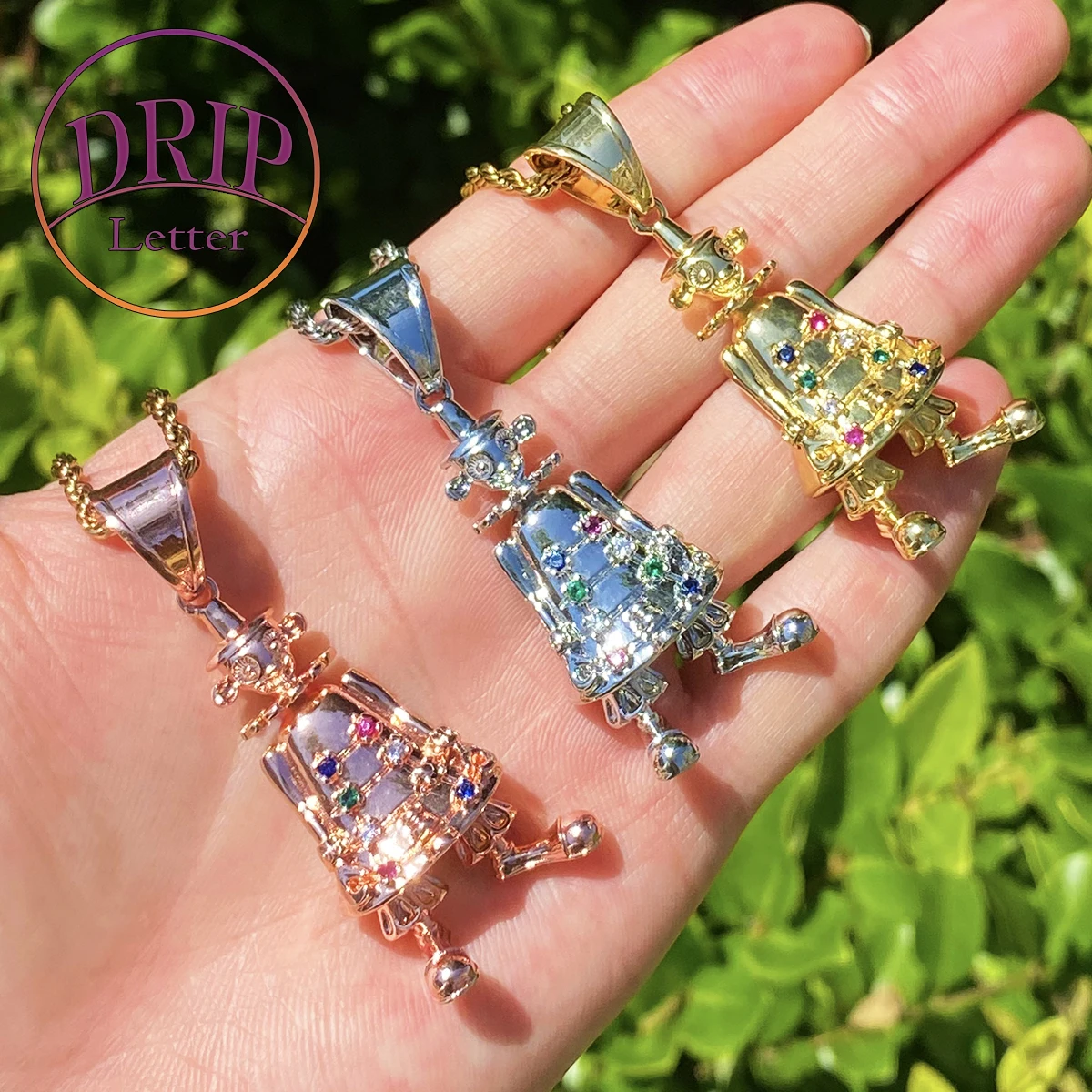 

Drip Letter Iced Out 3D Robot Necklace Pendant for Men Real Gold Plated Cubic Zirconia Hip Hop Jewelry