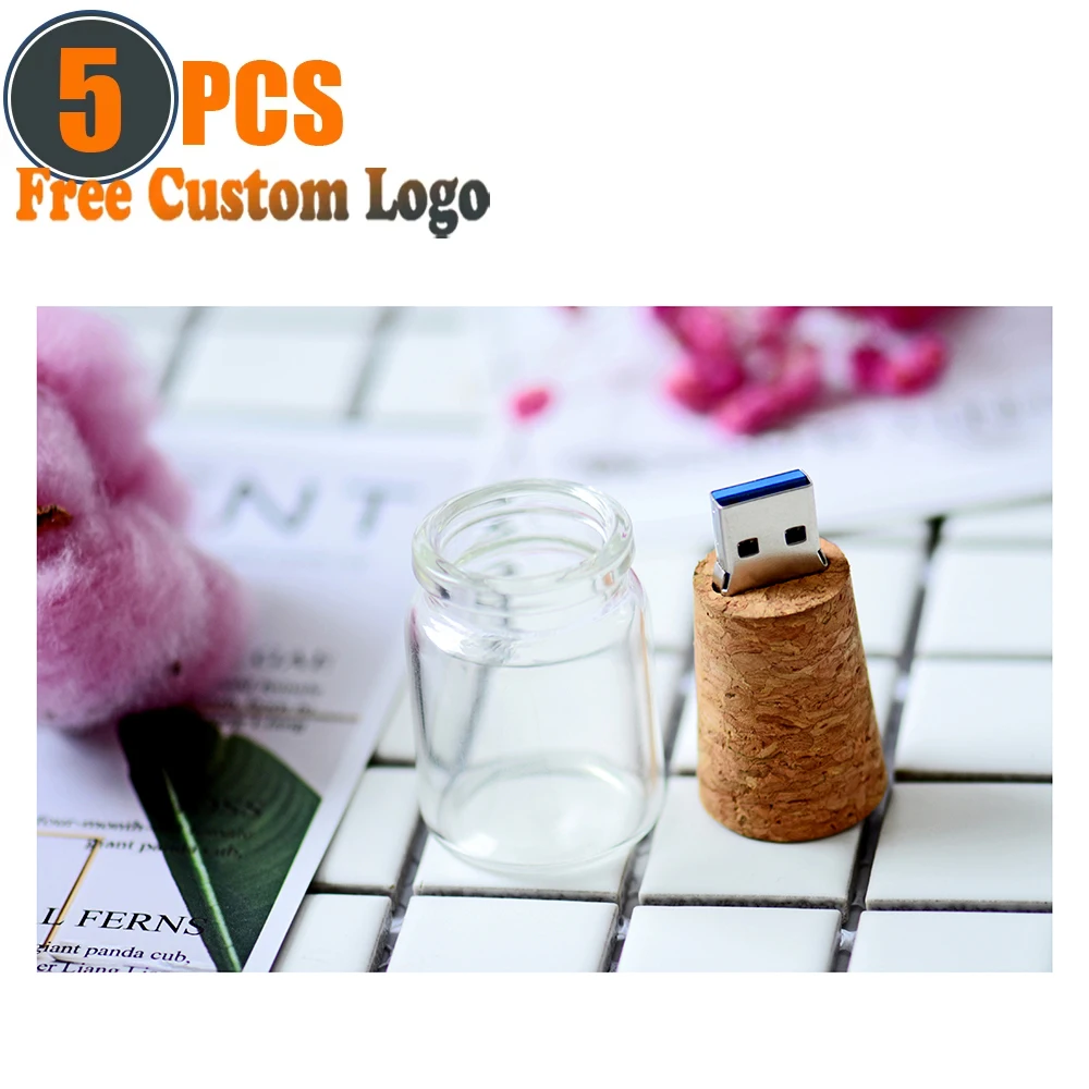 5pcs/lot USB 2.0 Glass Drift Bottle with Cork Flash Drive Stick Pendrive 4GB 8GB 16GB 32GB 64GB 128GB Memory Stick Wedding Gift