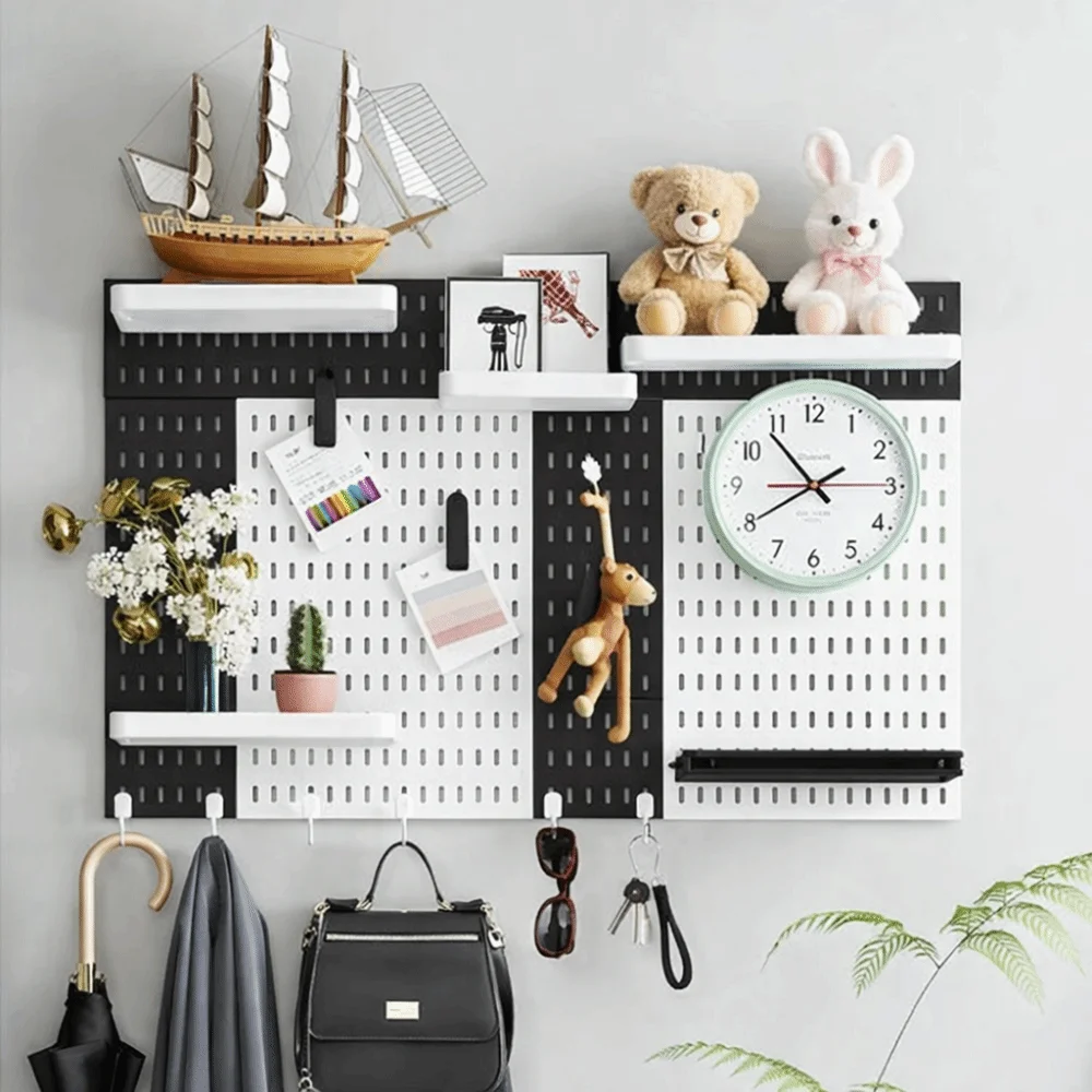 Wall-Mounted Storage Board DIY with Hooks Storage Organizer Board Space-Saving Pegboard for Kitchen Bedroom Bathroom Study Room